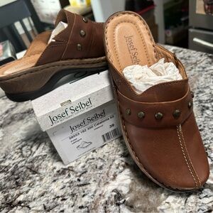 Josef Seibel Brown Leather Slip-On Mule with Stud Accents
